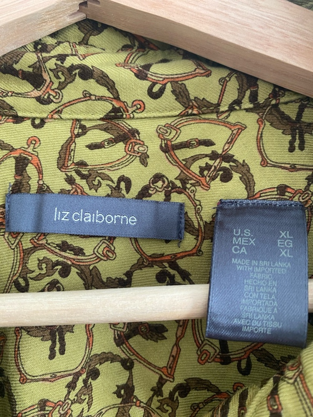 Liz Claiborne | Equestrian Print Cotton Twill Shirt | Heritage Olive | XL - Picture 6 of 7